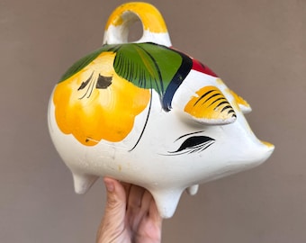 Large Vintage Mexican Pottery Piggy Bank, Scuffs & Discoloration, Opens by Breaking