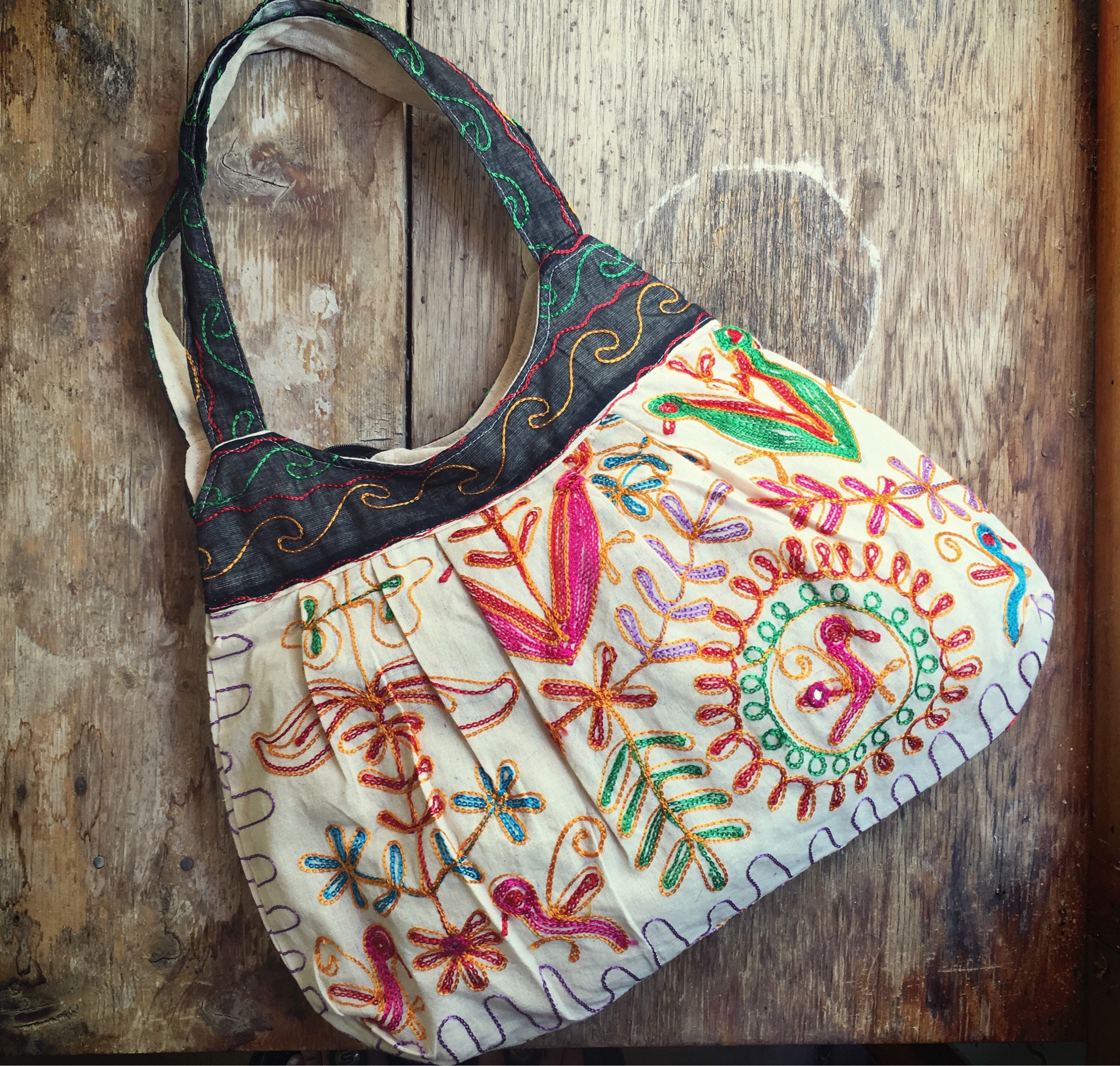 Vintage embroidered fabric shoulder bag with pink elephant hippie purse