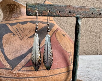 Vintage Carved Shell Dangling Feather Earrings, Possibly Abalone, Neutral Pearly Brown Tones