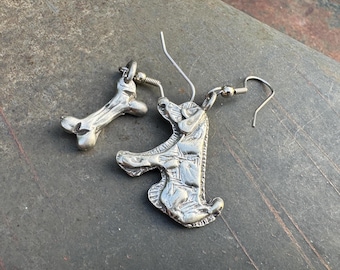 Vintage Dog and Bone Dangle Earrings of Silver Tone Metal Possibly Pewter, Stocking Stuffer