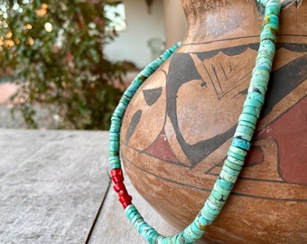 Vintage Blue Turquoise & Coral Heishi Bead Necklace w/ Toggle Closure, Southwestern Jewelry