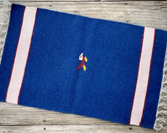 Vintage Handwoven Zapotec Table Mat or Small Rug Approx 14" x 24" in Blue with Red Yellow