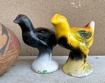 Pair Vintage Painted Concrete Chicken Hen Statues Yard Art, Cottage Chic Garden Decor, Two Chicks