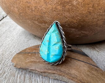 Vintage Carved Turquoise Leaf Ring Approx Size 7, Native American Indian Jewelry Old Pawn