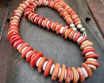 Vintage Red-Pink-Orange Agate & White Shell Wafer Bead Necklace Approx 24", Strung on Twine