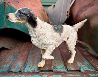 Vintage Cast Iron Black White Hunting Dog Statue Door Stop, Distressed, Hubley Attributed