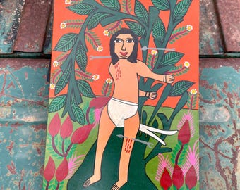 Mexican Artist Lucas Lorenzo Unframed Original Acrylic Painting of San Sebastian, Religious Art