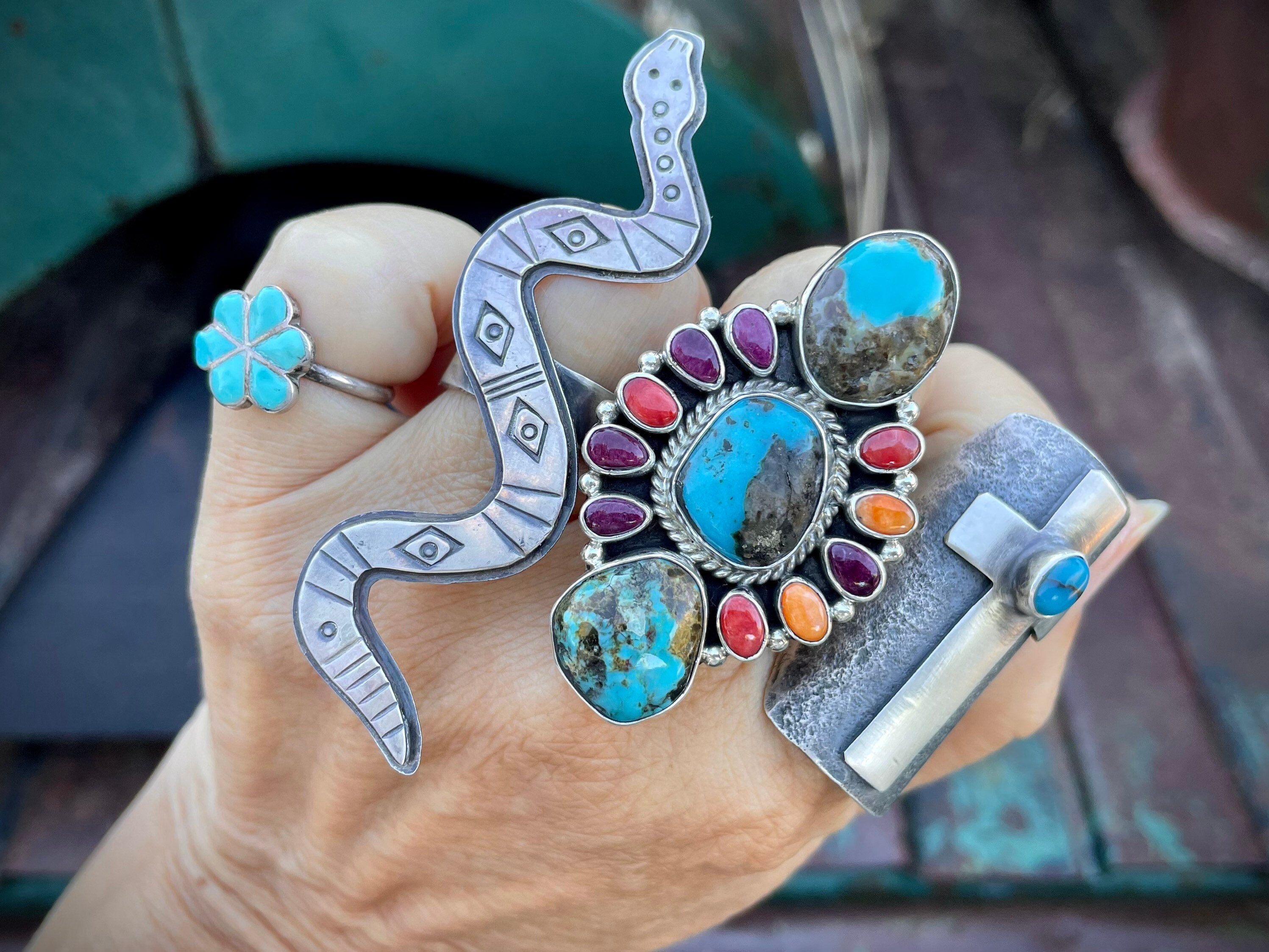 Navajo Mary Jane Garcia Turquoise Multistone Ring Size 8.5, Native