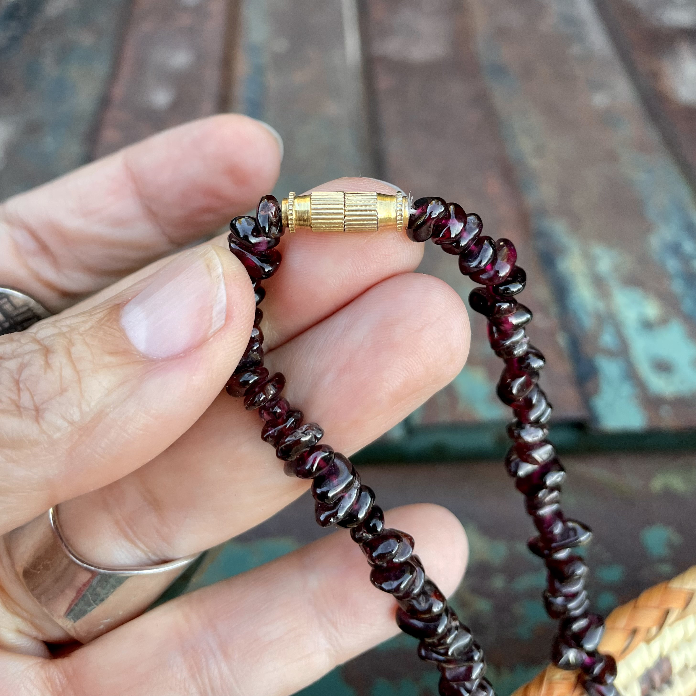 Art Deco Garnet Bead Necklace with Gold Tone Barrel Clasp, 1930s