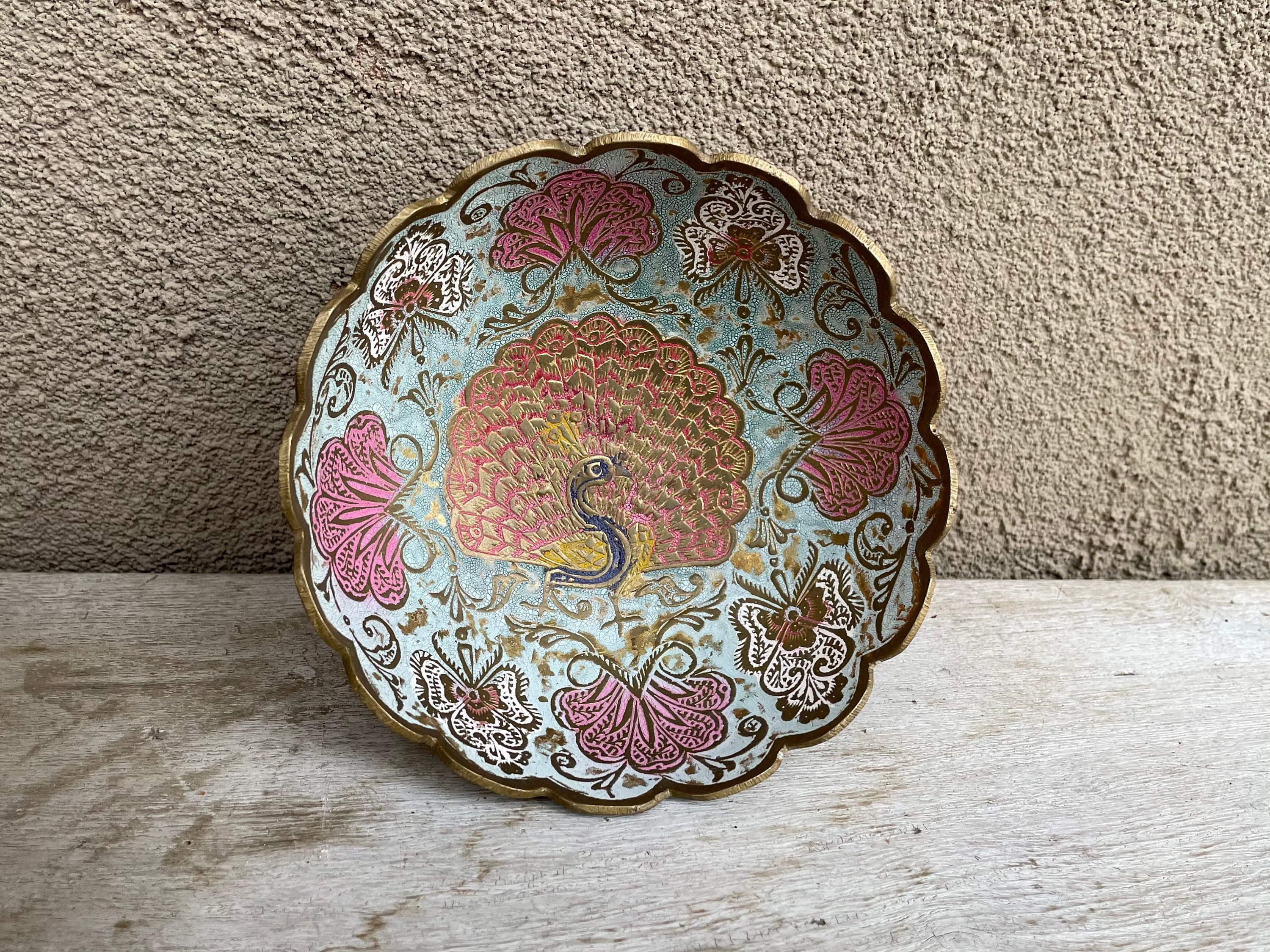 Small Vintage Etched Painted Brass Bowl with Peacock Design, Made