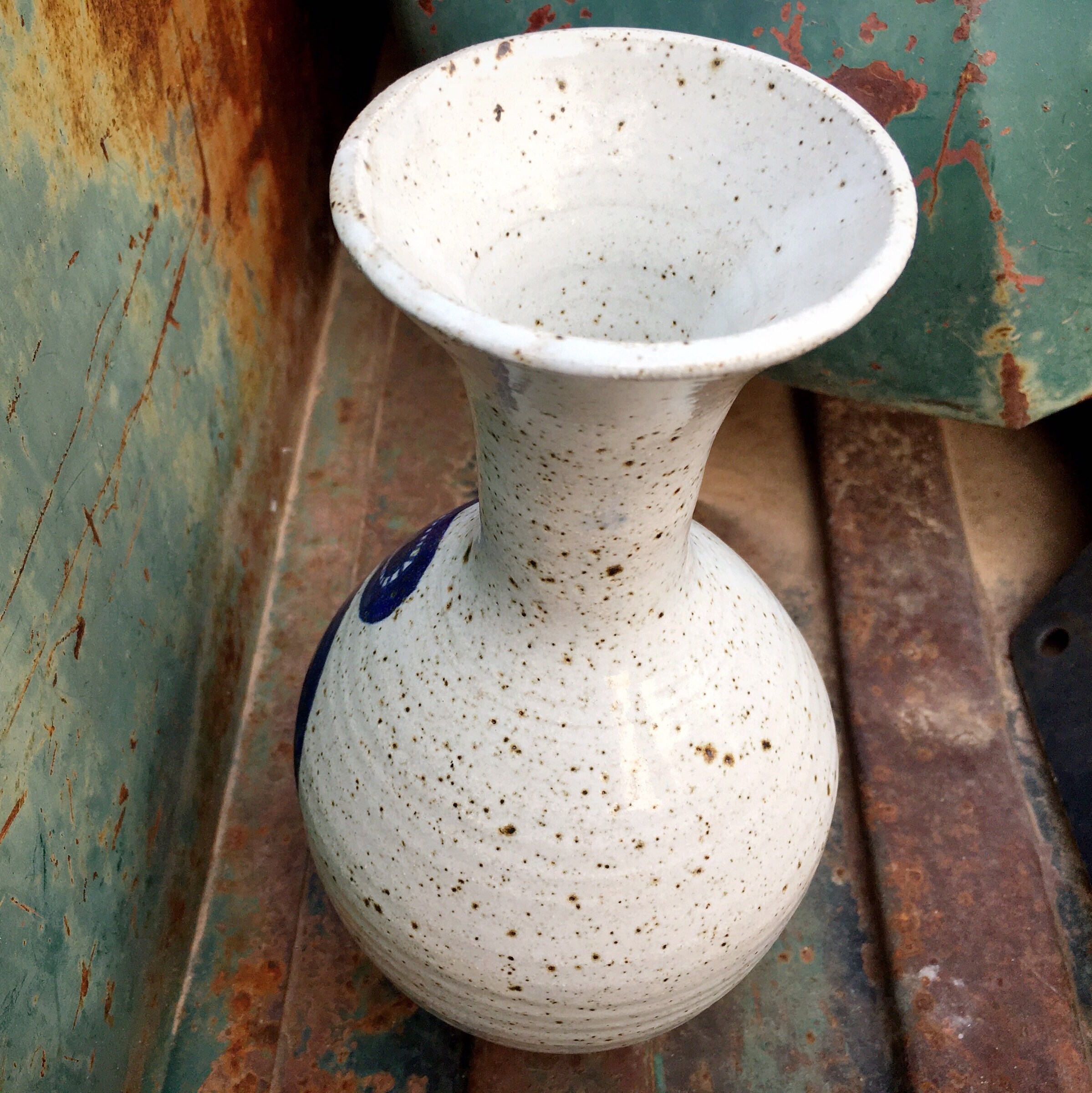 1970s Stoneware Art Studio Pottery Weed Pot Blue Insect or