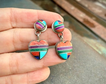 Vintage Southwestern Sterling Silver Multi Stone Heart Earrings, Turquoise Coral, Native American