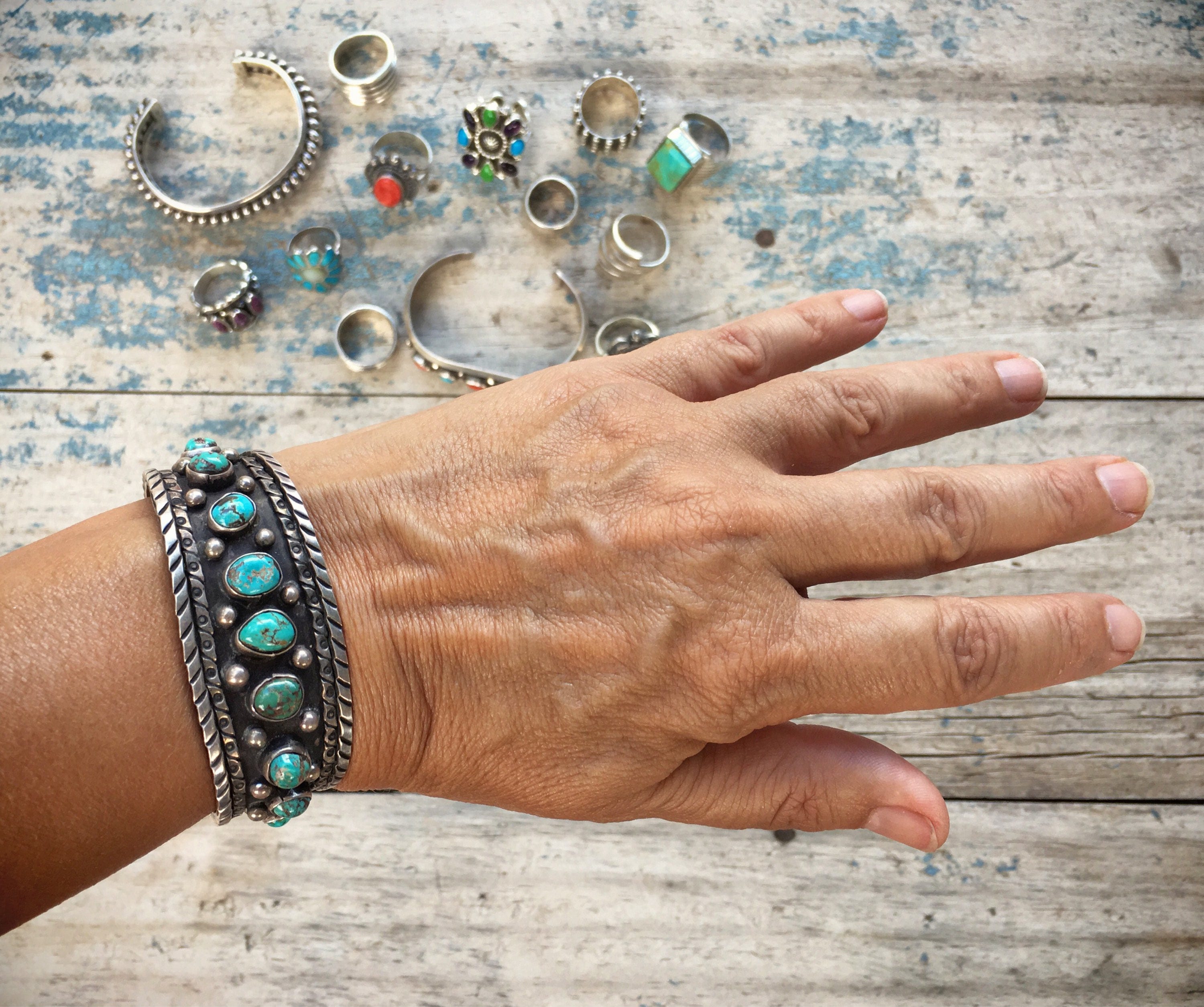 Vintage turquoise cuff nine stone Old Pawn bracelet Southwestern Native ...