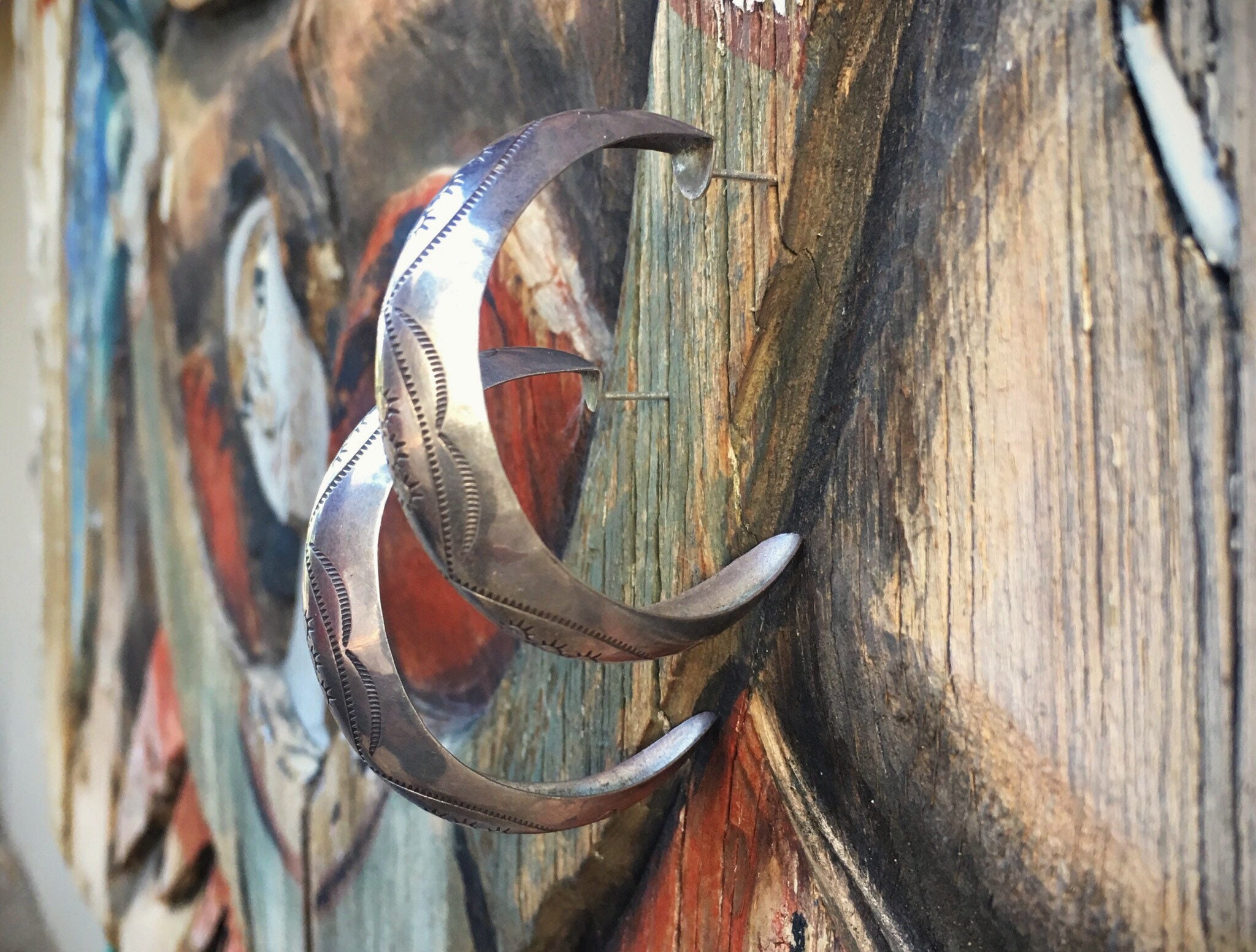 Traditional Vintage Native American Navajo Sterling Silver Large Hoop Earrings Traditional Vintage Native American Navajo Sterling Silver Large Hoop Earrings