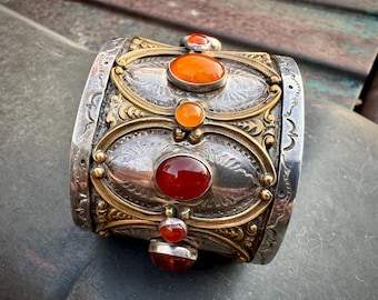 Vintage Navajo Diana Lucero Sterling Silver Brass Amber Carnelian Cuff Bracelet Size 6.25
