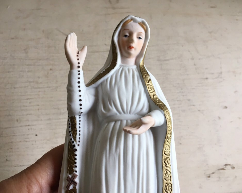 Vintage Bisque Porcelain Our Lady of Fatima Figurine, Catholic Altar Art Religious Statue