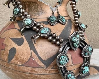 Vintage 231g Turquoise Nugget Squash Blossom Necklace with Matching Earrings, Native American