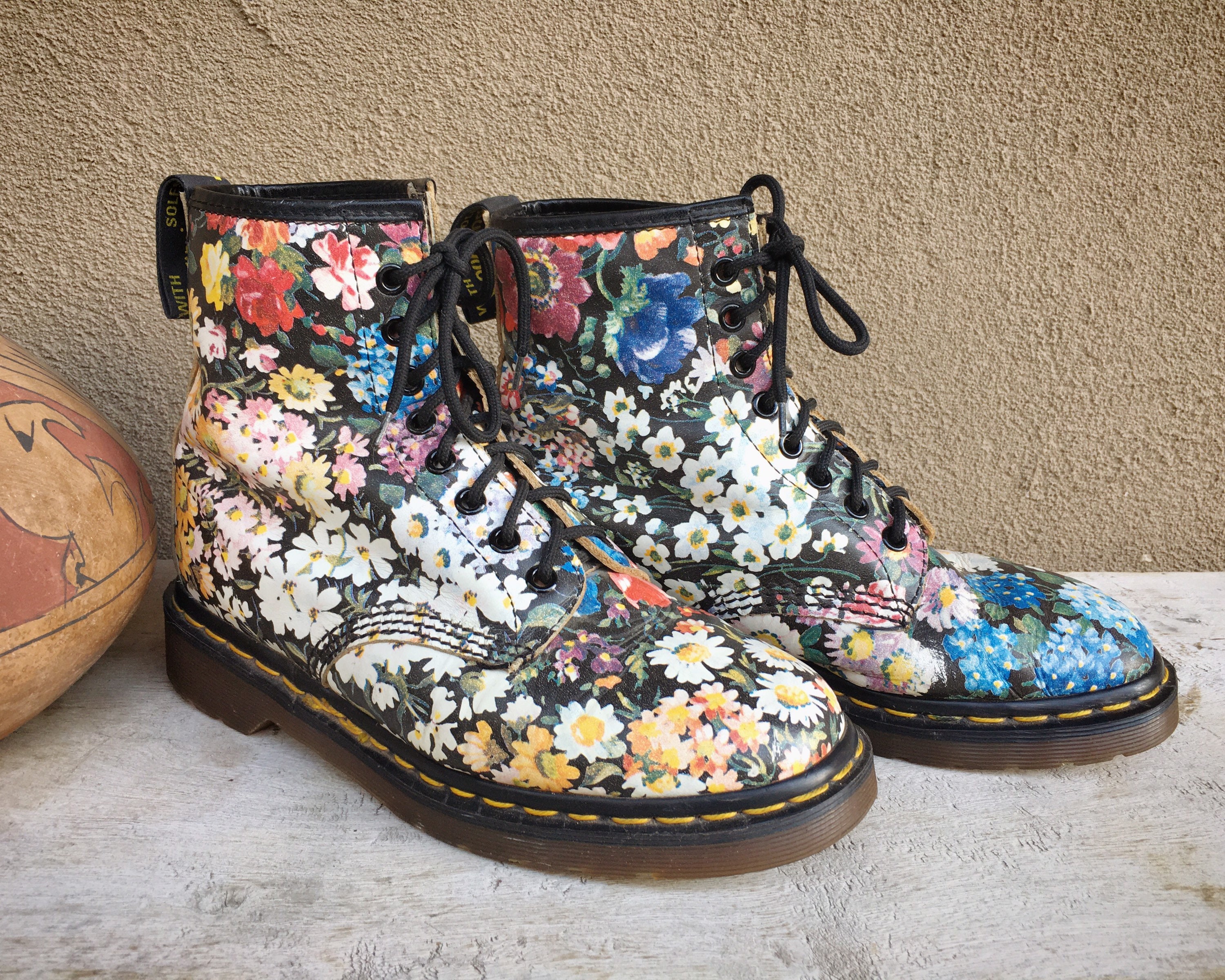 Made in England Dr Martens Boots Floral Design The Original Size Rubbed ...