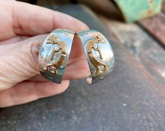 Vintage Silver Hoop Earrings with Applied Brass Kokopelli Flute Player, Native American Style