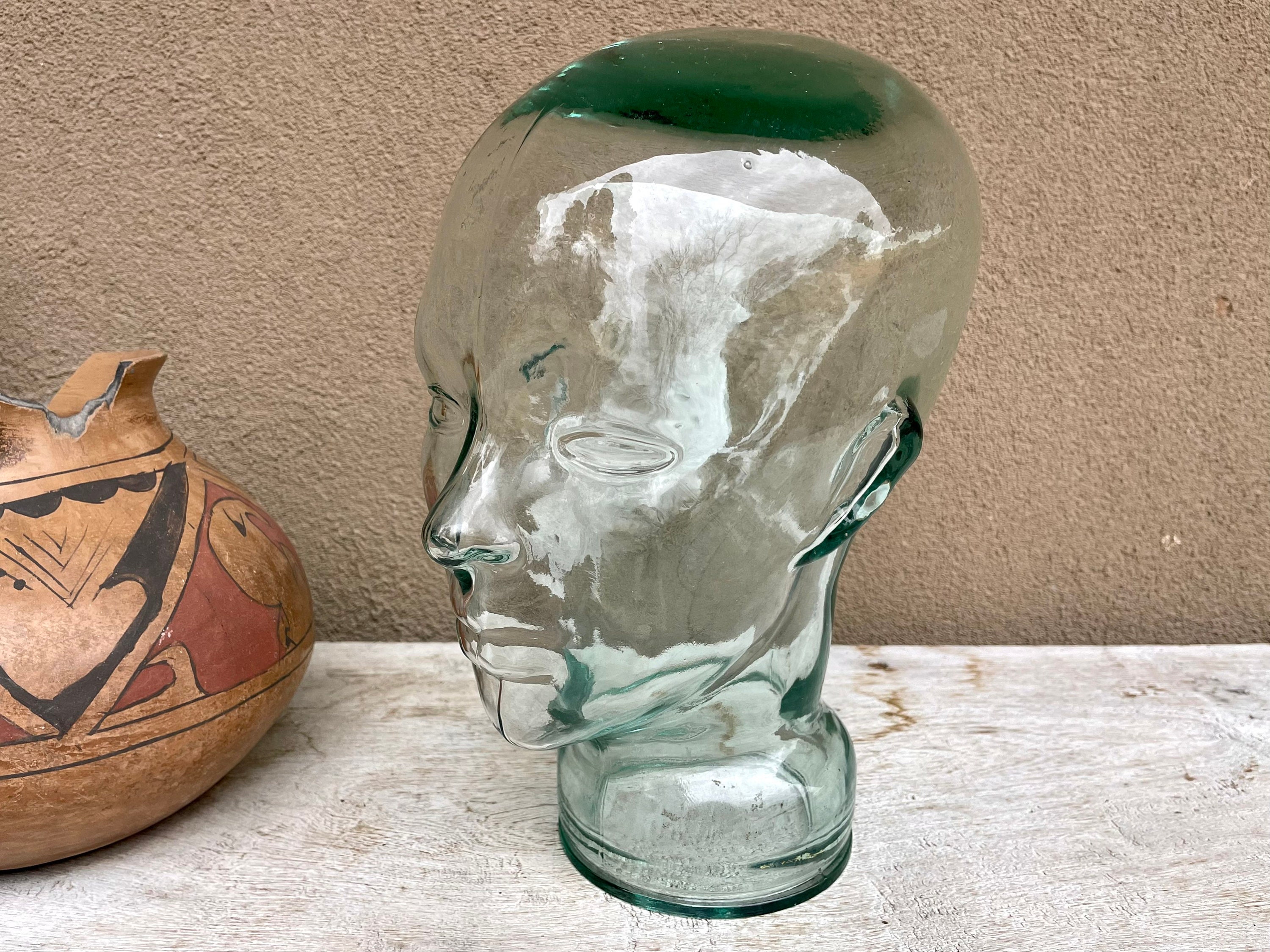 Vintage Art Glass Head Sculpture Display, Mannequin Bust, Sunglasses