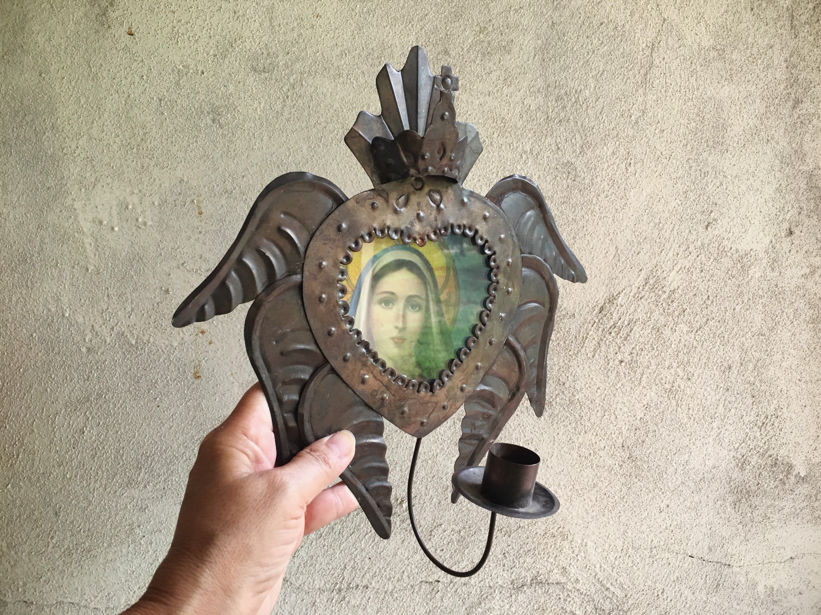Vintage Mexican Tin Shrine Sacred Heart Wall Hanging Candle Holder