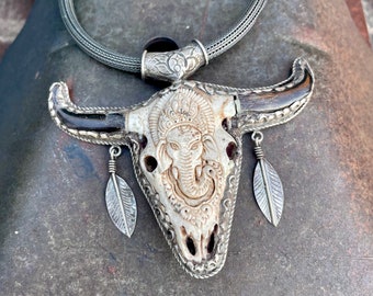 Large Sterling Silver Carved Horn Steer Skull Pendant on Vintage 925 Mesh (Dented) Necklace