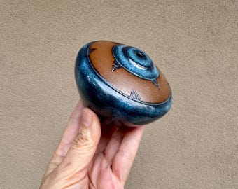 Signed Art Studio Pottery Seed Pot Blue Glaze, Small 3.5" W x 2/5" T
