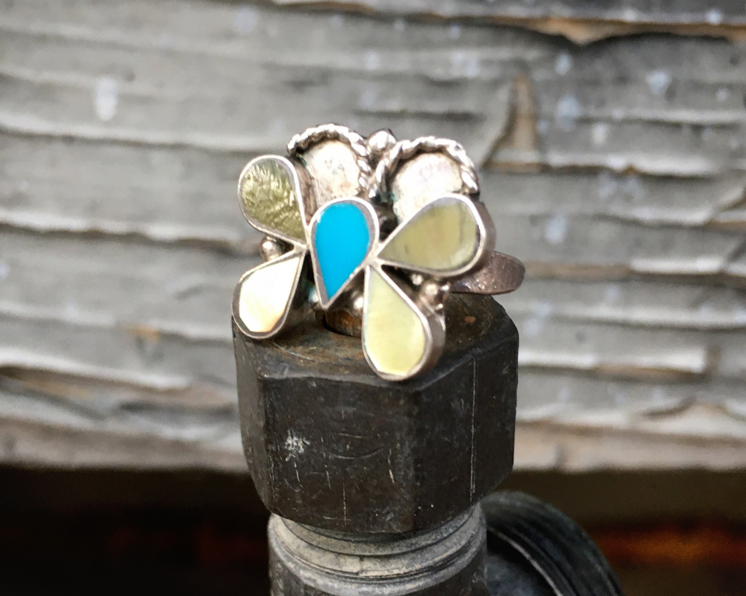 Dainty 1970s Turquoise Mother of Pearl Inlay Butterfly Ring Size 4.25 ...