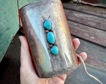 Vintage Native American Ketoh Bow Guard Silver Turquoise, Dead Stock Brown Leather w/ Ties