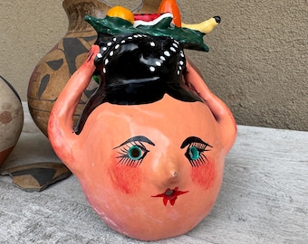 Vintage Mexican Folk Art Lady Mask Coconut Shell Wall Hanging (Repaired)