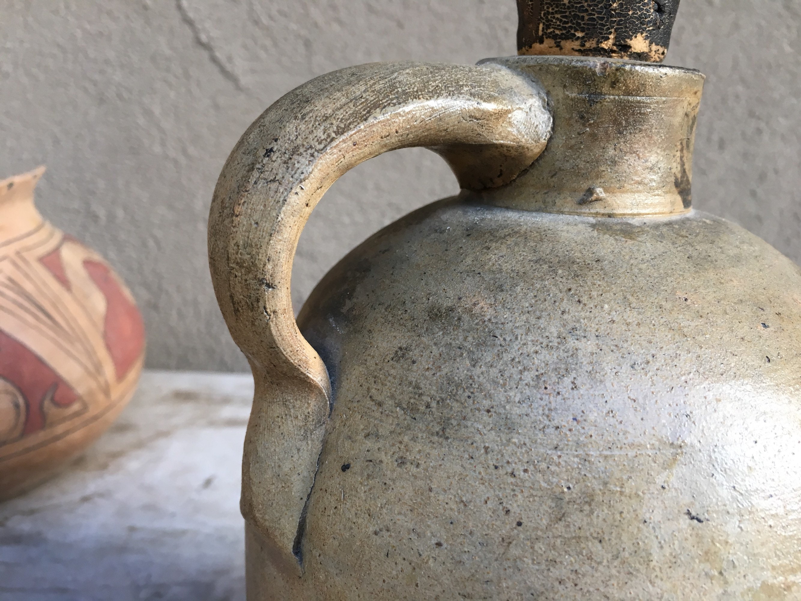 Antique Whiskey Jug with Cork Speckled Stoneware Crock Primitive Decor, Country Farmhouse Decor