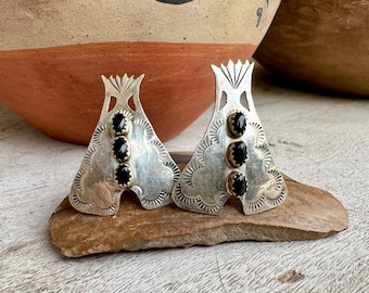 Navajo Ben Yazzie Clip On Earrings of Teepee Sterling Silver Black Onyx, Vintage Native American Indian Jewelry Women Non-Piered Ears