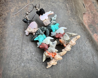 Vintage Stacked Carved Multi-Gemstone Animal Fetish Earrings 2.75", Multi-Color Dangles