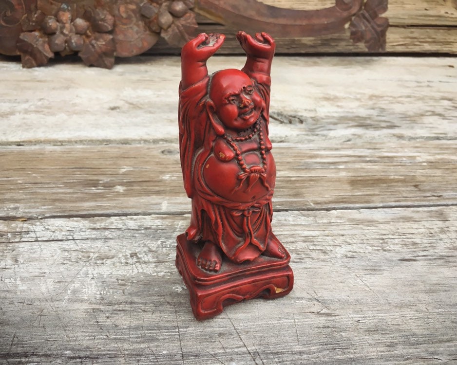 Vintage Red Resin Buddha Figurine, Stretching Laughing Buddha Statue ...