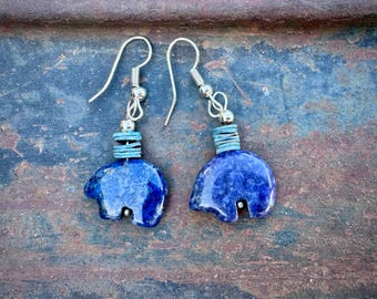 Lapis Lazuli Bear Dangle Earrings, Smallish Size, Non Sterling Earwires