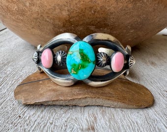 Navajo Chimney Butte Sterling Silver Pink Conch & Turquoise Cuff Bracelet 6", Native American