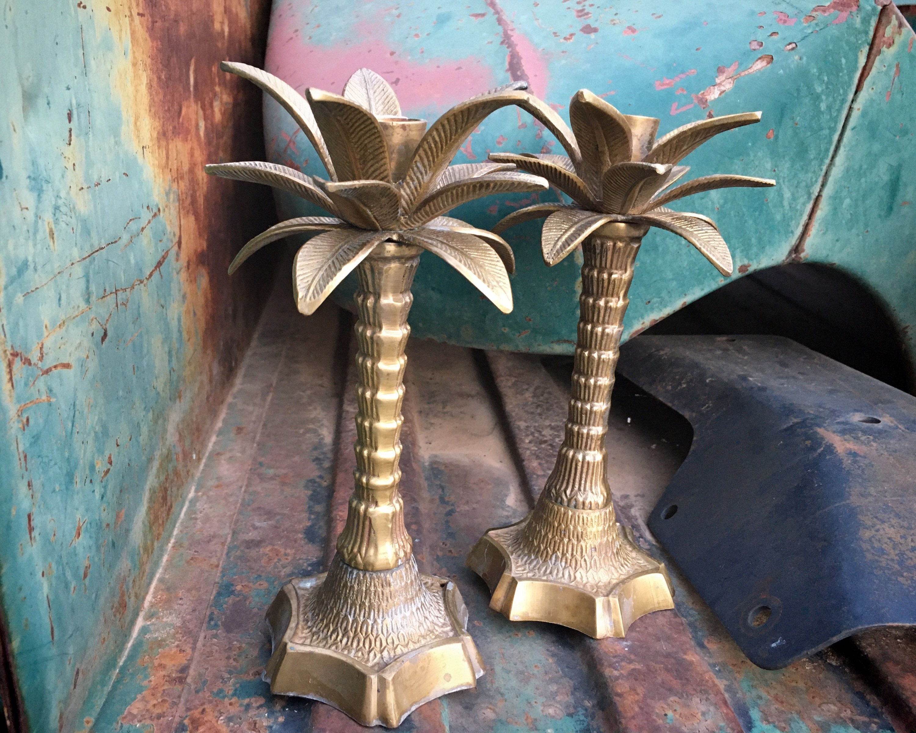 Pair of 2 Vintage Palm Tree Frond Leaf Brass Taper Candle Stick