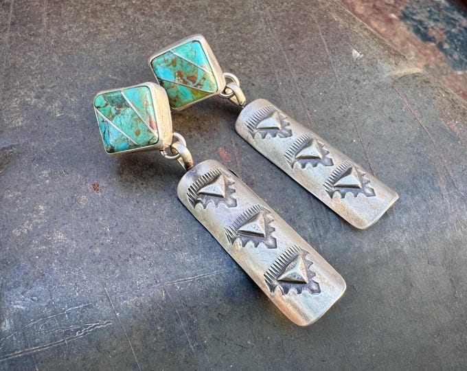 Featured listing image: Turquoise Inlay Post Earrings with Dangles, Signed Native American Jewelry