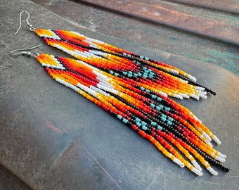 Extra Long Vintage Loom Beaded Earrings Dangle to Approx 6.5", Southwestern Colors Fiery