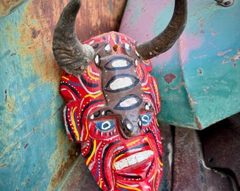 Vintage Carved Painted Wood Diablo w/ Real Horns Wall Hanging, Guatemalan Folk Art