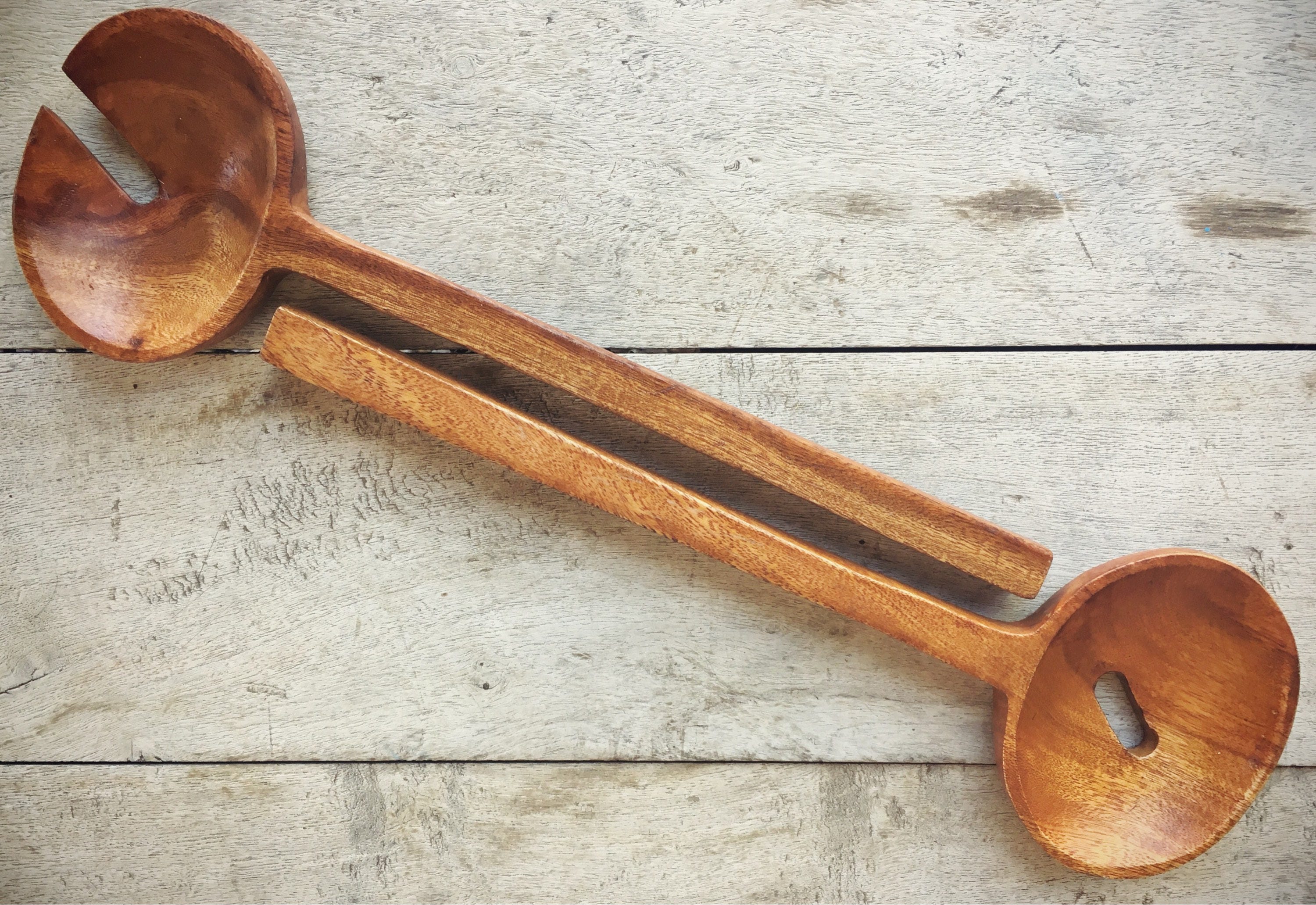 Salad Serving Utensils Wooden Fork and Spoon, Mid Century Salad Servers, Tiki Decor
