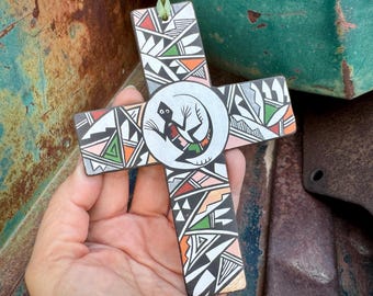 Vintage Judy Lewis Acoma Pottery Wall Cross w/ Lizard Approx 4" x 5.5", Native American Art