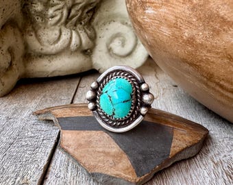 1970s Turquoise Sterling Silver Ring Approx Size 10, Traditional Navajo Style