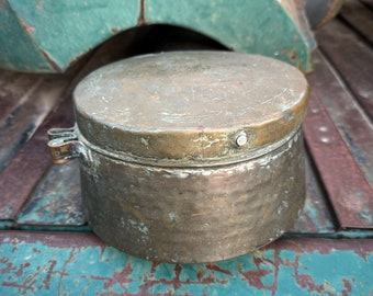 Distressed Vintage Lidded Spice Box Hammered Metal Possibly Copper Brass, Storage Container