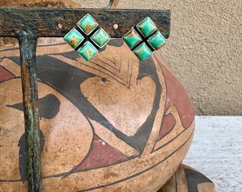 Turquoise Sterling Silver Post Earrings Square Cluster on Angle, Southwestern Navajo Style