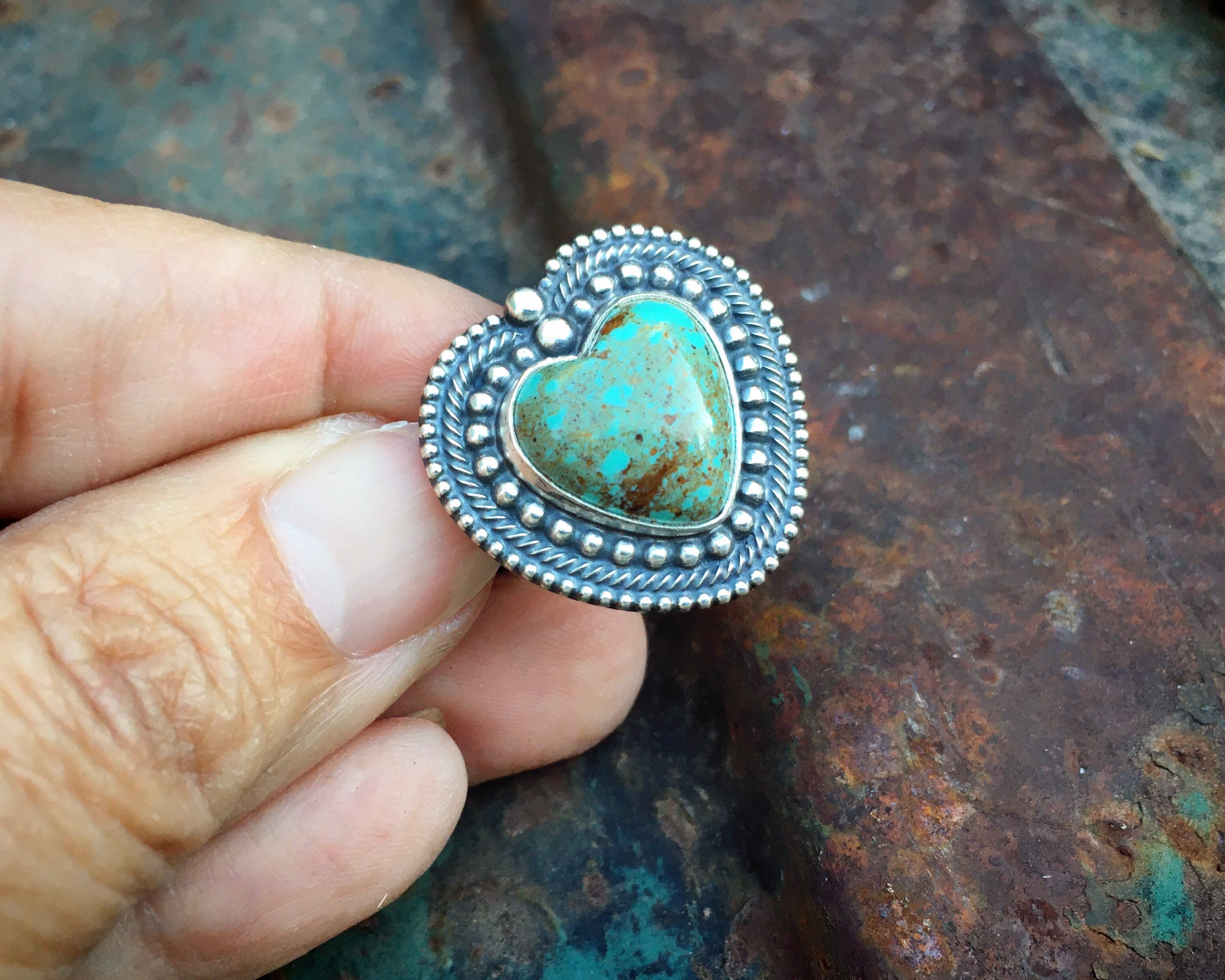 Southwestern Sterling Silver Turquoise Heart Ring Size 8.5, Native ...