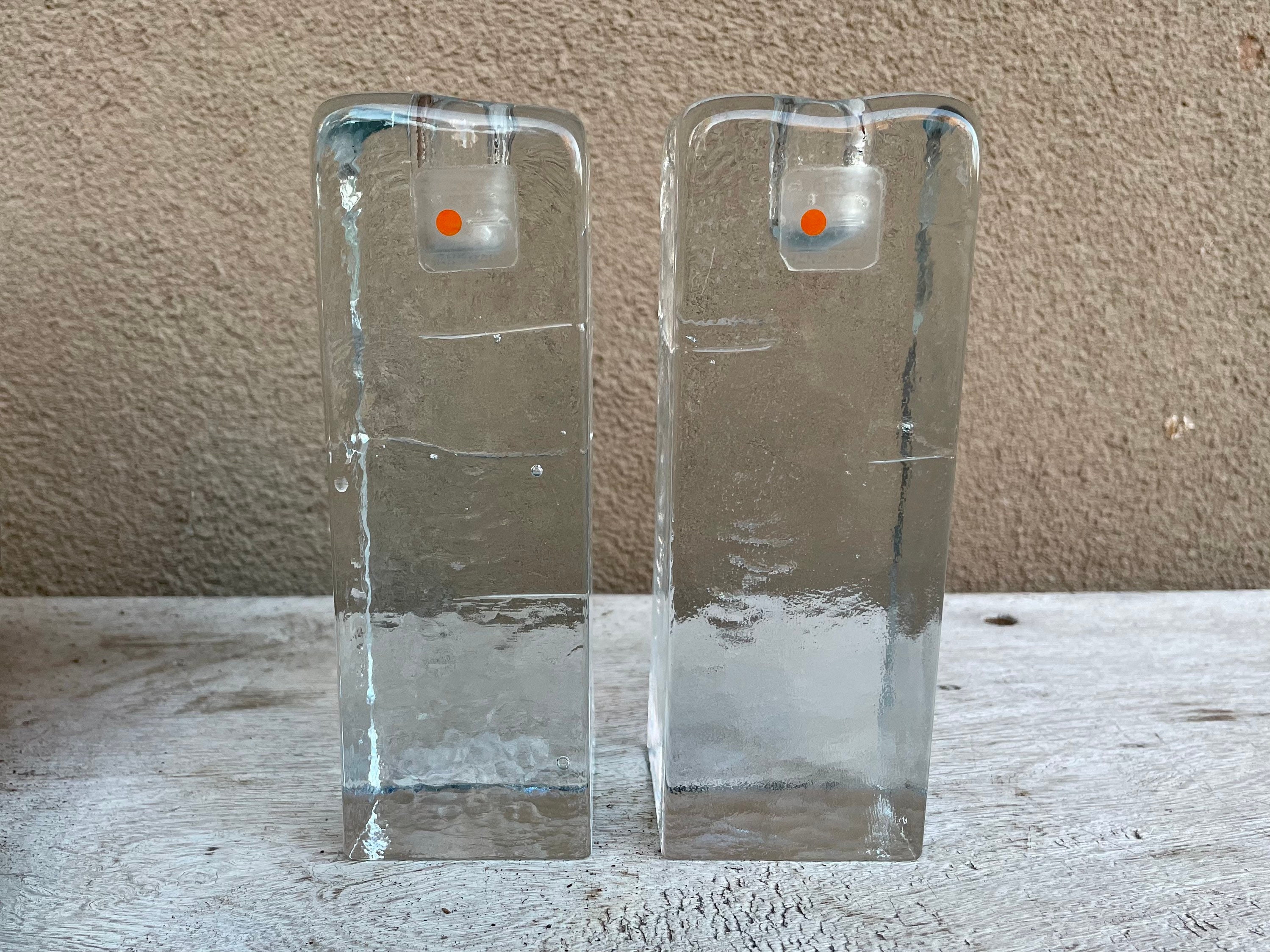 Two Heavy Blenko Glass Candlestick Holders Ice Cube Design Two Heavy Blenko Glass Candlestick Holders Ice Cube Design
