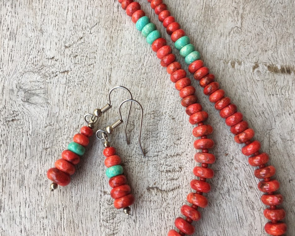 Vintage Red Spiny Oyster Bead Necklace and Earring Set with Turquoise
