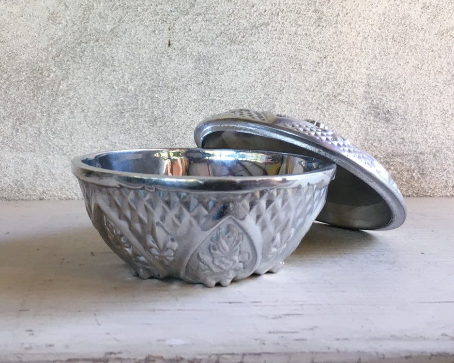 Small Mexican Pewter Lidded Bowl with Floral and Fleur de Lis Design
