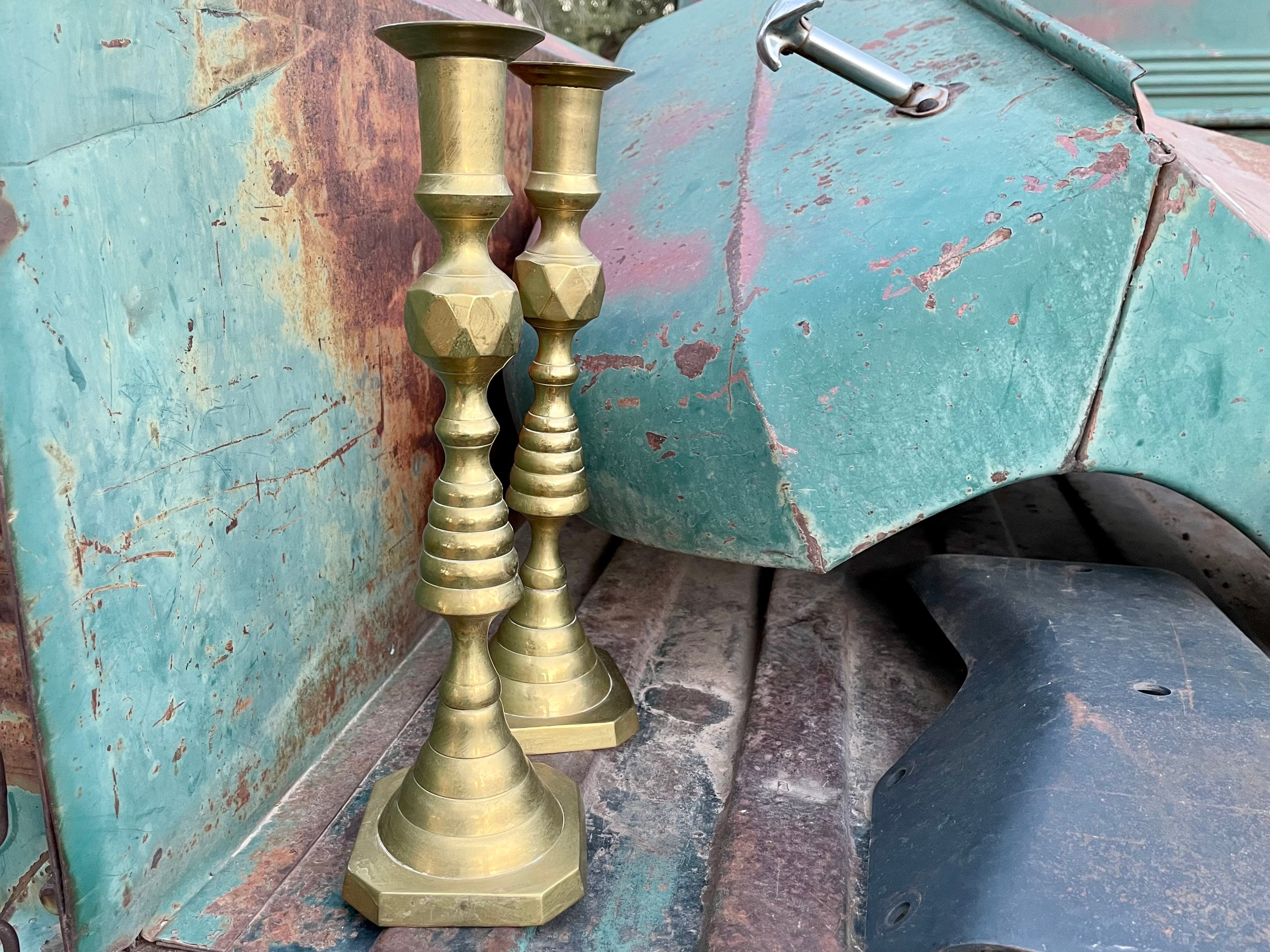 Pair of 12 Tall Brass Candlestick Holders, Set of Two, Rustic Modern ...